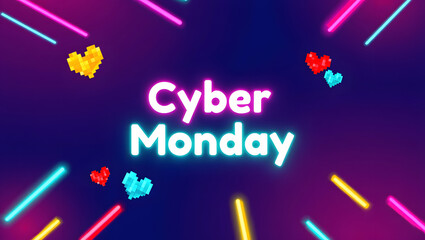 Cyber Monday Tech Banner with Laptop, Graphs, and Shopping Icons