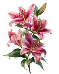 Naklejka premium Bouquet of Pink Lilies with Long Green Leaves in Luxurious Floral Arrangement on Transparent Background
