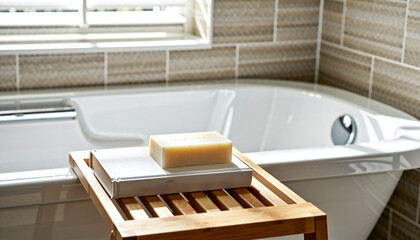Bar of natural soap on a wooden bath caddy over a white bathtub