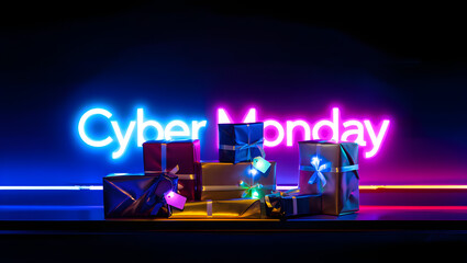 Cyber Monday Tech Banner with Laptop, Graphs, and Shopping Icons