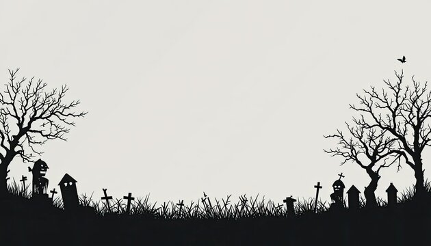 horizontal banner with a white background and a black silhouette of trees and a cemetery.  terrifying scenery.  Halloween vector graphics for posters, stickers, banners, and invitations