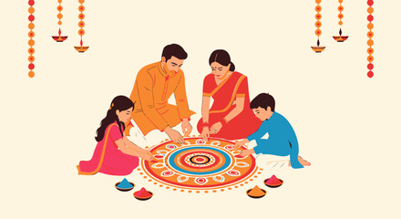 Family Celebrating Diwali Festival of Lights with Traditional Decorations and Diyas, Embracing Cultural Heritage and Festive Spirit for Celebrations, Cultural Events, and Festival Promotions