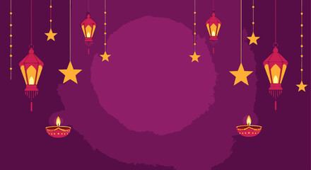 Festive Diwali Celebration Night Scene with Traditional Lanterns and Diyas Under a Bright Moon, Perfect for Diwali Festival, Cultural Events, Ethnic Celebrations, and Indian Holiday Decorations