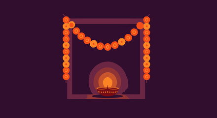 Festive Diwali Decor with Bright Marigold Flower Garlands and Traditional Oil Lamps Illuminating Celebratory Atmosphere for Indian Diwali Festival, Deepavali Marketable Scene