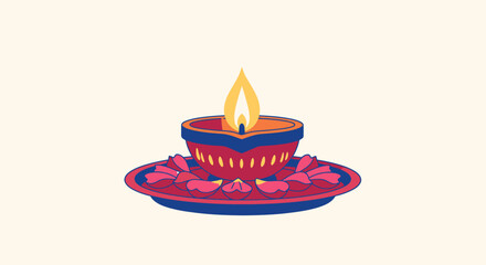 Festive Traditional Diya Lamp with Bright Orange Flame on Decorative Plate for Diwali Celebration, Hindu Festival of Lights, Worship, and Spirituality, Deepam Candle for Cultural Events