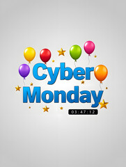 Cyber Monday Sale Banner with Confetti, Shopping Cart, and Gift Box