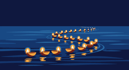 Serene Night Scene Featuring Illuminated Floating Lanterns on Calm Water for Festivals, Celebrations, and Cultural Events with Twilight Sky and Reflective Surface