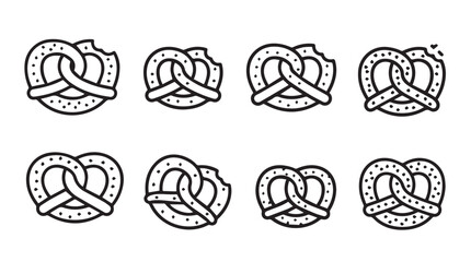 Set of eight stylized pretzel icons isolated on for culinary design vector