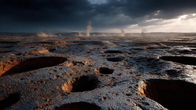 Volcanic landscape with steam vents and craters under dramatic cloudy sky creating mysterious intense atmosphere in barren terrain featuring rugged cratered rocky surface and natural steam clouds