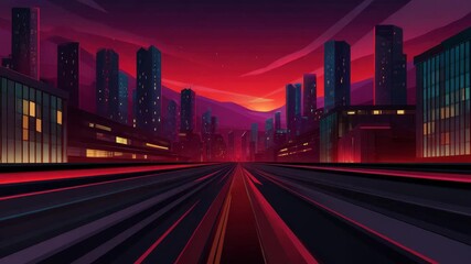 Futuristic cityscape sunset skyline with glowing skyscraper buildings and illuminated road, vibrant urban architecture at night showcasing modern metropolis horizon and dynamic perspective - Powered by Adobe