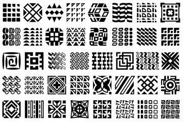 Fototapeta premium Collection of abstract modern geometric black and white designs. Geometric pattern collection, an abstract set of black and white square motifs. Features diverse tribal and modern designs