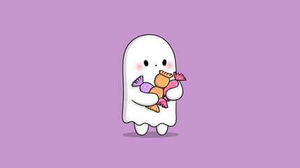 Cute ghost holding colorful halloween candies on purple background concept of sweet trick or treat fun for october celebration, adorable cartoon illustration for kids halloween season design 