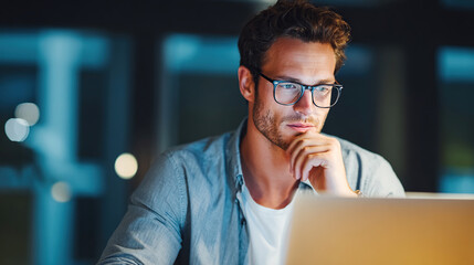 Serious man focusing on computer at night