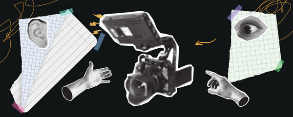 Creative halftone collage with torn paper texture, camera, hands, eye, and ear elements. Symbol of media perception, visual communication, and human interaction with technology in pop art style.