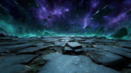 Rocky surface space asteroid galaxy starry sky cosmic purple sky cracked ground outer space meteor mysterious dark horizon night celestial landscape science fiction fantasy universe nebula glowing - Powered by Adobe