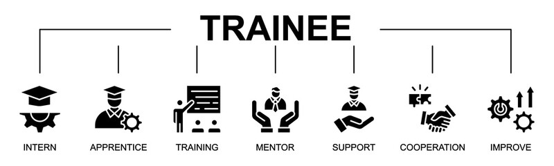 Trainee banner web icon vector illustration concept with icon of trainee, intern, apprentice, training, mentor, support, cooperation, improve, education

