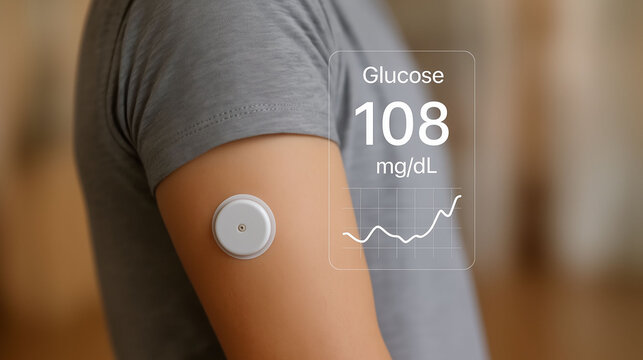 Bionic Pancreas System continuous glucose monitor CGM device attached to arm showing digital reading of blood sugar tracking for diabetes management, wearable modern technology 