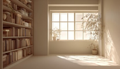 Fototapeta premium Bright and airy room with large window, sunlight streaming in, and potted plants