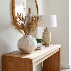 Elegant ceramic table lamp with gold accents and modern decor on wooden console against white wall background