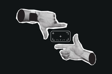 Halftone pop art collage showing hands framing a shot, symbolizing creative vision, composition, and cinematography. Concept of directing, visual storytelling