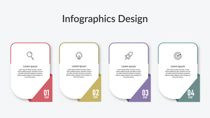 Four-step infographic template with bright color blocks and icons for search, idea, launch, and target. Ideal for project workflow, marketing strategy, business reports, and presentation visuals.