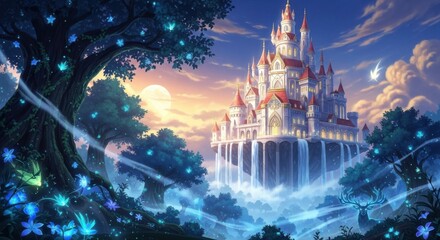 Obraz premium Enchanted floating castle with waterfalls and glowing forest creatures at sunset fantasy castle floating island