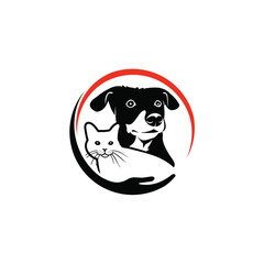 Stylized Cat and Dog Graphic with Protective Hand and Red Circle
