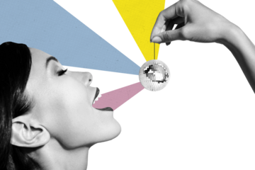 Composite photo collage of pretty girl closed eyes hold disco ball cherry imitation shiny event occasion isolated on painted background