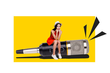 Composite photo collage of sad girl singer broke microphone device performance concert problem...