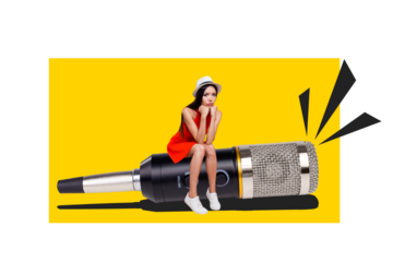 Composite photo collage of sad girl singer broke microphone device performance concert problem occasion isolated on painted background