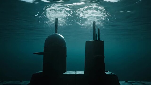 Submarines underwater rising to surface in deep blue ocean