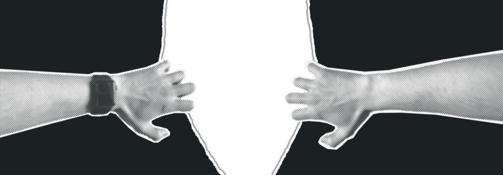 Hands Tearing Paper Halftone Collage Concept