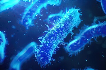 Glowing bacteria under blue light seen through electron microscope lens