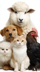 Funny group portrait of farm animals including goat sheep chicken and cat on white background