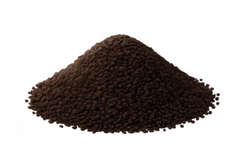 Heap of brown granulated powder, featuring a fine texture, isolated on a transparent background