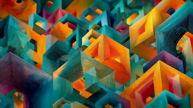 Colorful Geometric Cubes Abstract Pattern Vibrant Orange Blue Shapes Modern Design Texture