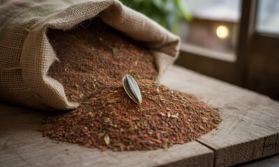 A burlap sack spills dry ingredients onto wood, with a single seed on top