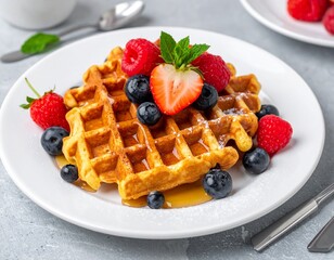 Belgian Waffles with Maple Syrup and Fresh Berries Served on White Plate for Premium Dessert Object and Gourmet Breakfast Concept
