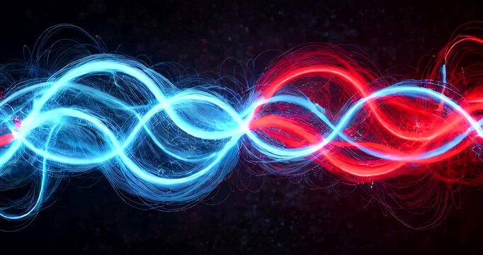 Abstract representation of dynamic red and blue light waves on a dark background