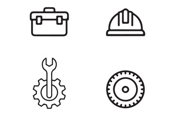 Construction Tools and Gear Icons Toolbox, Helmet, Wrench, and Gear