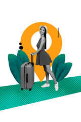 Vertical photo collage of happy girl wear panama sexy dress baggage vacation relax travel plant leaves palm isolated on painted background