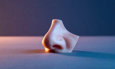 Close-up of a disembodied nose illuminated by orange and blue light, against a gradient background