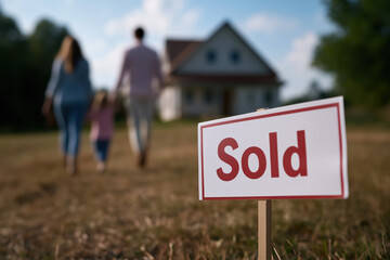 Family walking towards their new house after purchasing it, with a sold sign prominently displayed in the foreground, representing homeownership and investment