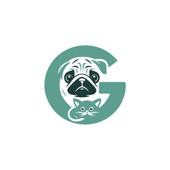 Stylized Pug and Cat Logo within a Teal Letter 