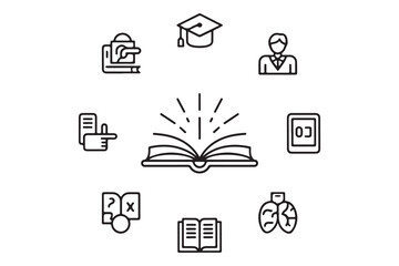 Education and Learning Icon Set with Books, Graduation Cap, and Brains
