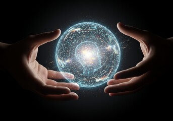Holographic globe held by hands, luminous, wired!!