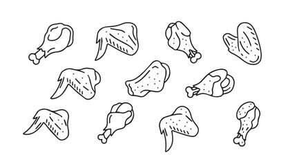 Assorted hand-drawn chicken wing pieces isolated food elements for culinary designs vector