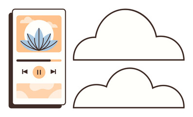 Music app interface with play button, lotus flower, abstract sunset and clouds. Ideal for mindfulness, meditation, relaxation, nature, creativity music mood-enhancing contexts. Simple flat metaphor