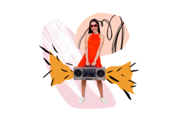 Creative image collage happy girl leisure boombox party celebration disco weekend entertainment sunglass drawing doodles background