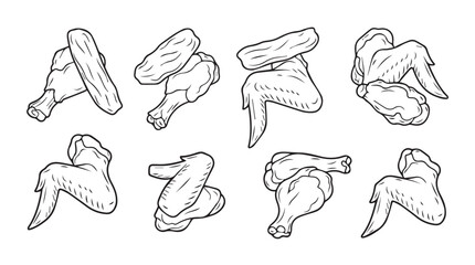 Collection of chicken wings in various poses hand drawn sketch style food art vector